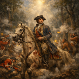 Young General Washington sitting on his horse amidst an intense battle.