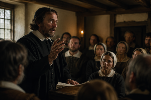 John Robinson speaking to his pilgrim congregation