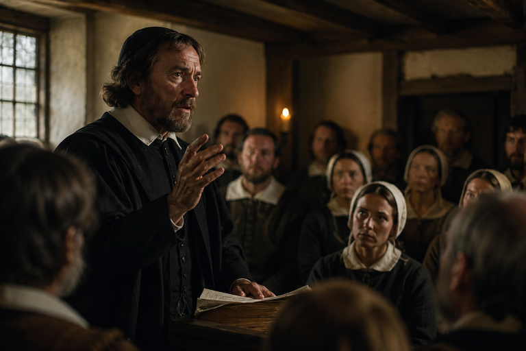 John Robinson speaking to his pilgrim congregation