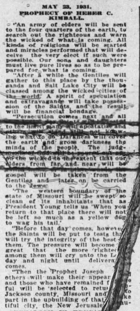 Photograph of a newspaper clipping publishing Heber C. Kimball's prophecy of the last days—counterfeit religions, persecution, and the faithful's return to build the New Jerusalem.