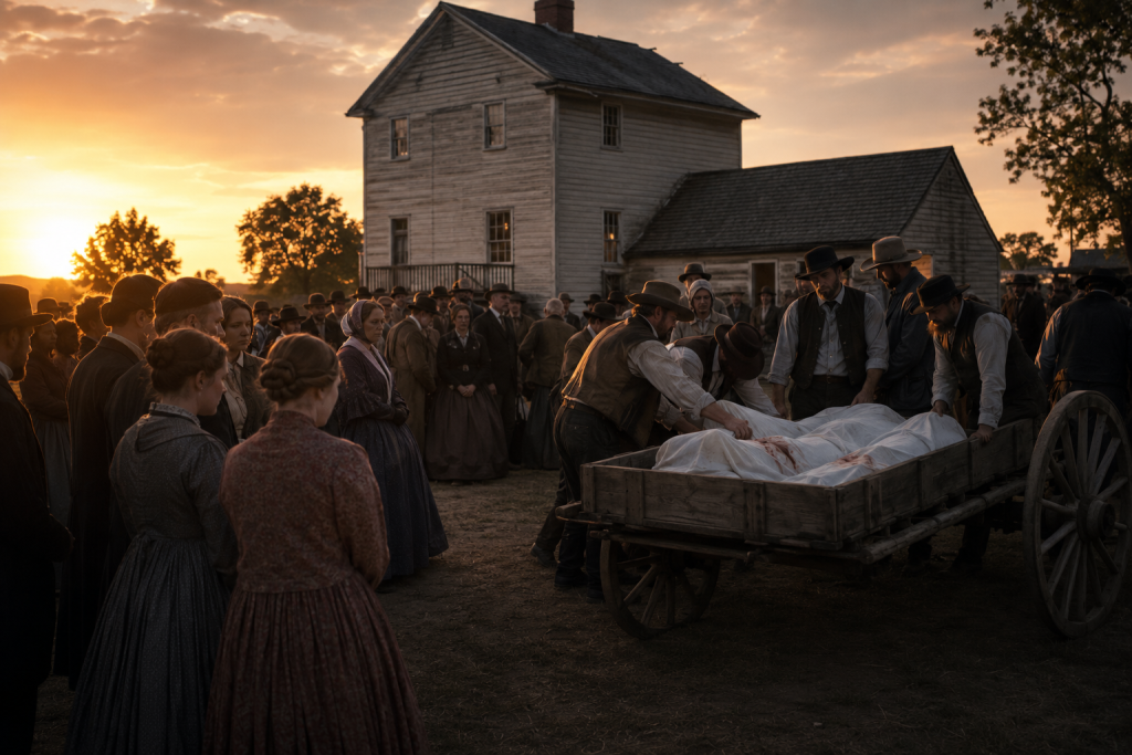 Joseph and Hyrum's bodies being carried in a wagon after their martyrdom on June 27, 1844, at Carthage Jail, Illinois.