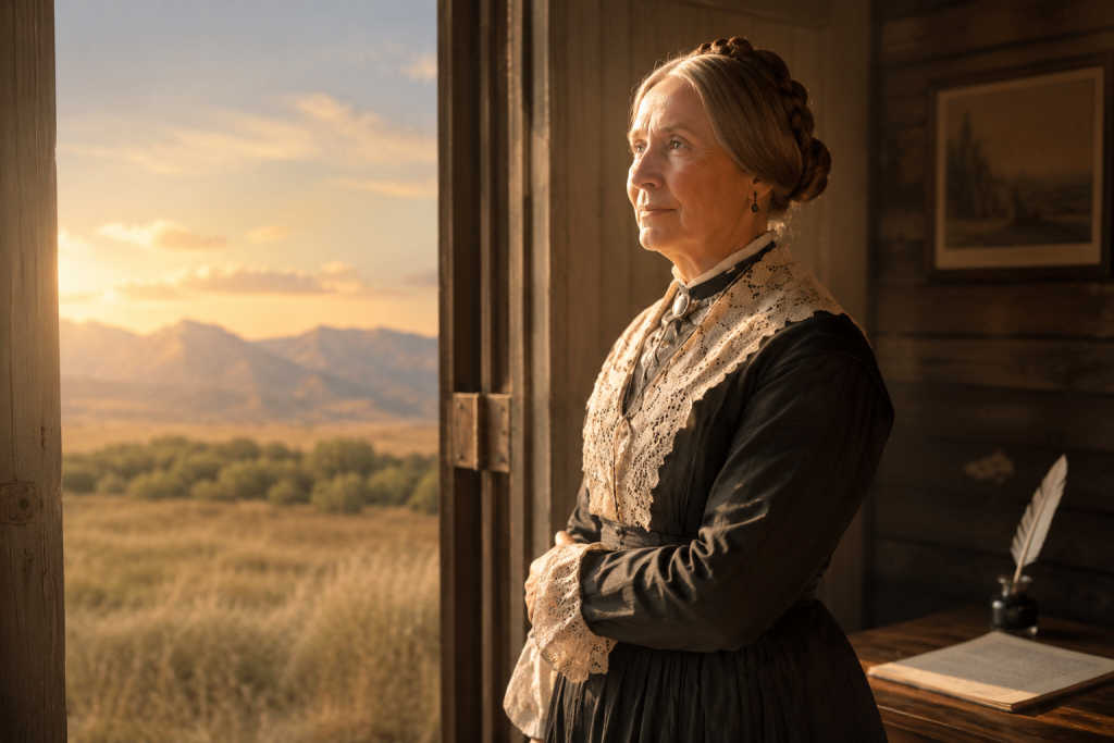 a picture of Zina D. Huntington Smith, plural wife of the prophet Joseph Smith, standing by an open door while her journal is in the background
