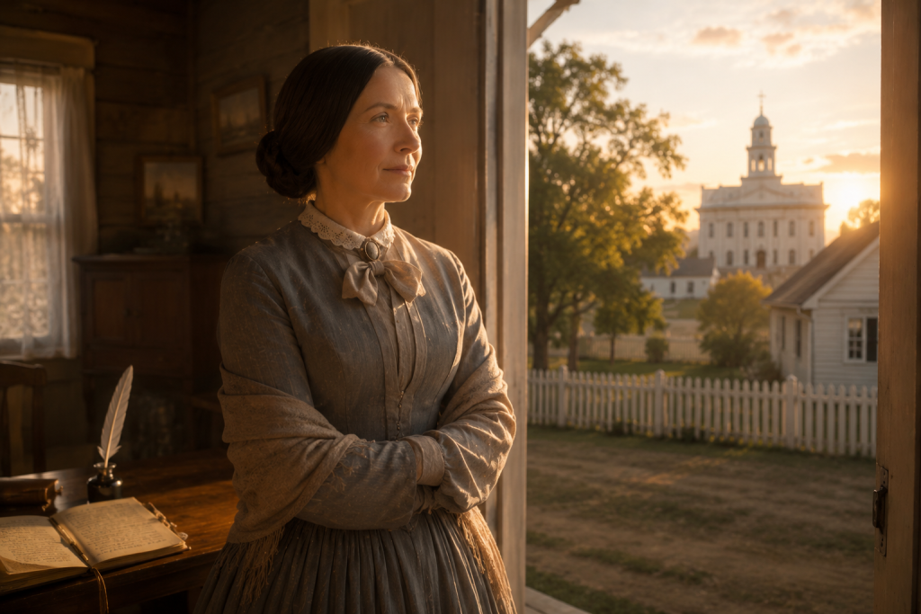 a picture of Zina D. Huntington Smith, plural wife of the prophet Joseph Smith, standing by an open door while her journal is in the background