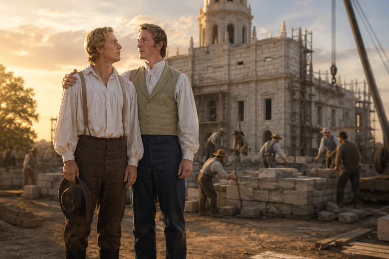 Joseph and Hyrum Smith, both brave and loyal brothers with a strong relationship standing together in Nauvoo while the Nauvoo Temple is being built in the background