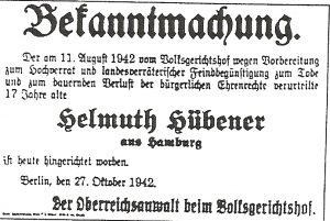 Notice of Helmuth Hübener’s execution